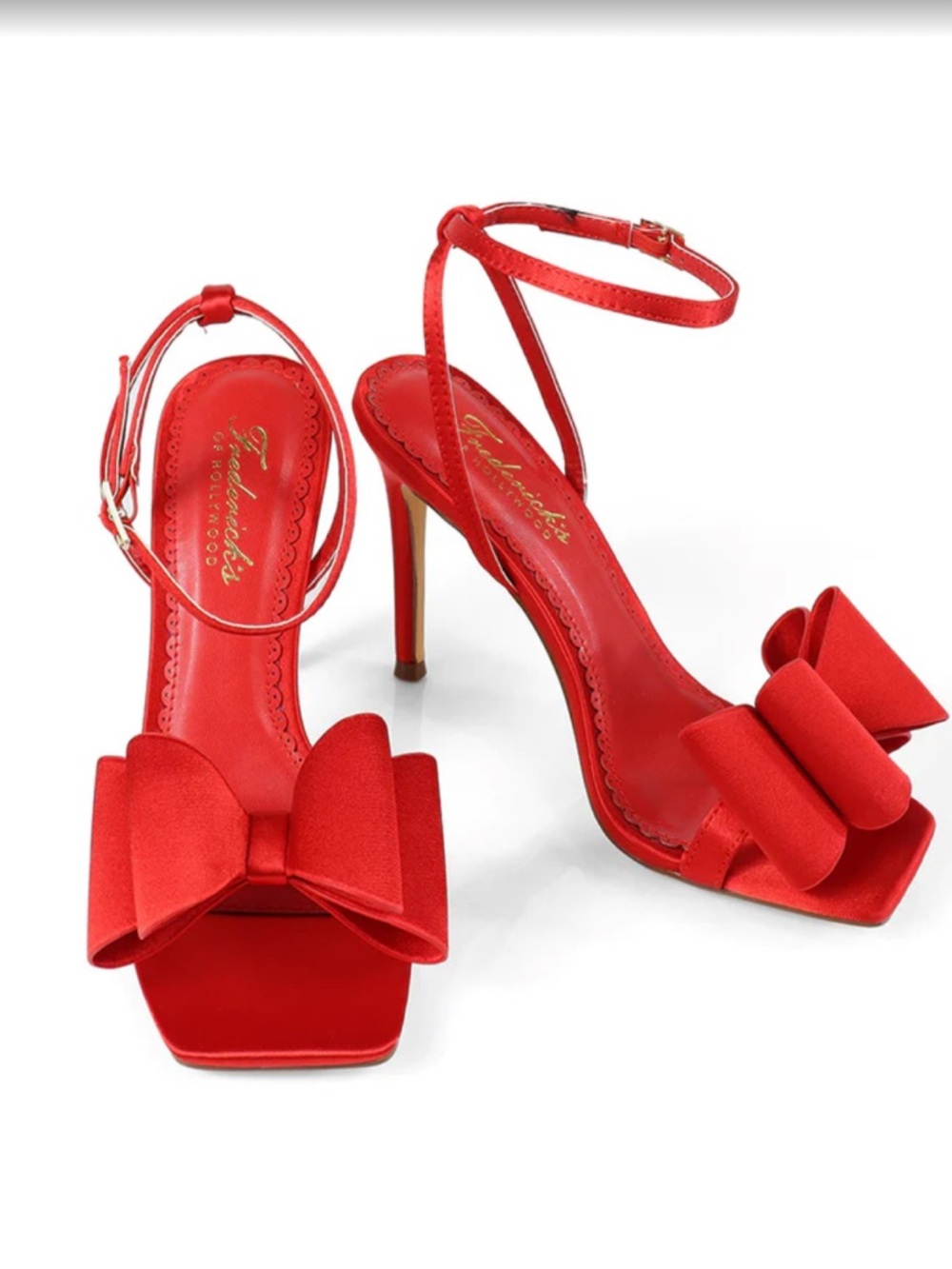 Fredrick’s of Hollywood julienne bow heel red satin stilettos